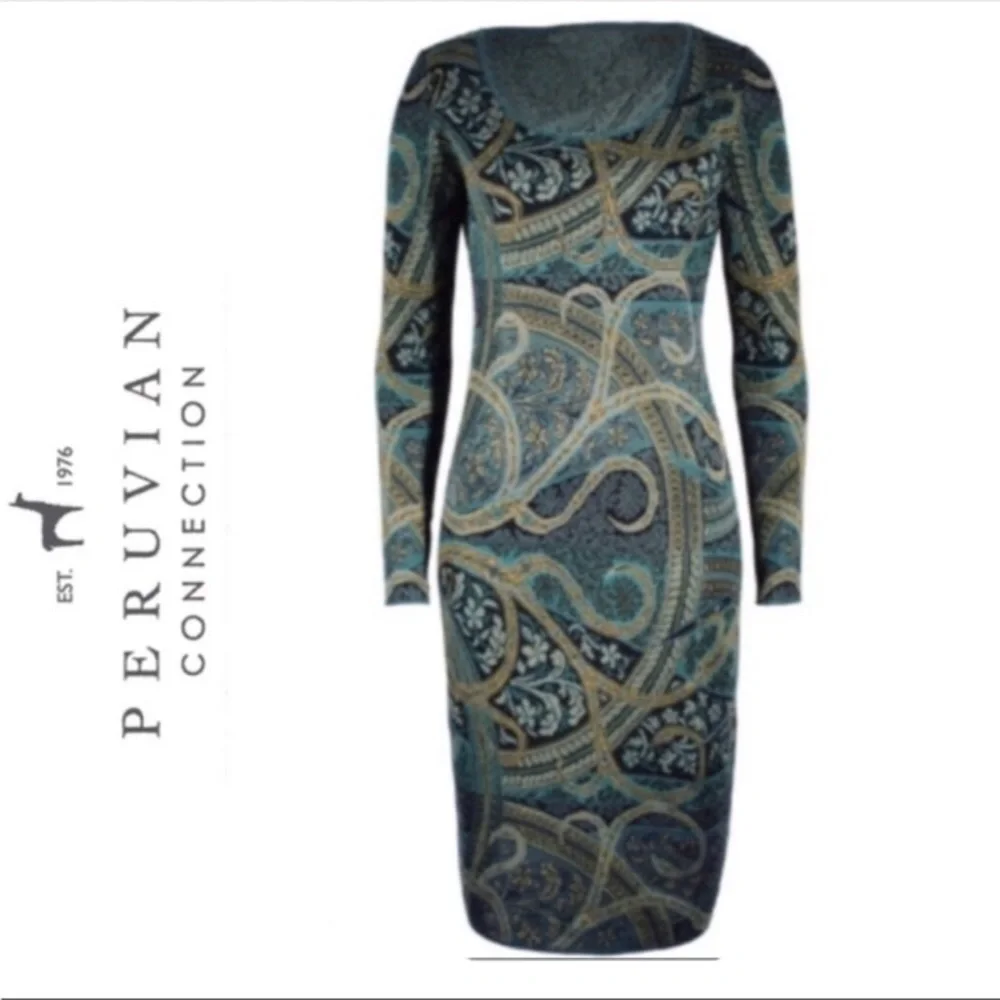 Peruvian Connection Kashmiri Paisley Sweater Dress Size M Green Pima Cotton - Picture 1 of 13